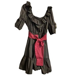 Black Lolita Tiered Dress with Removable Burgundy Waist Tie